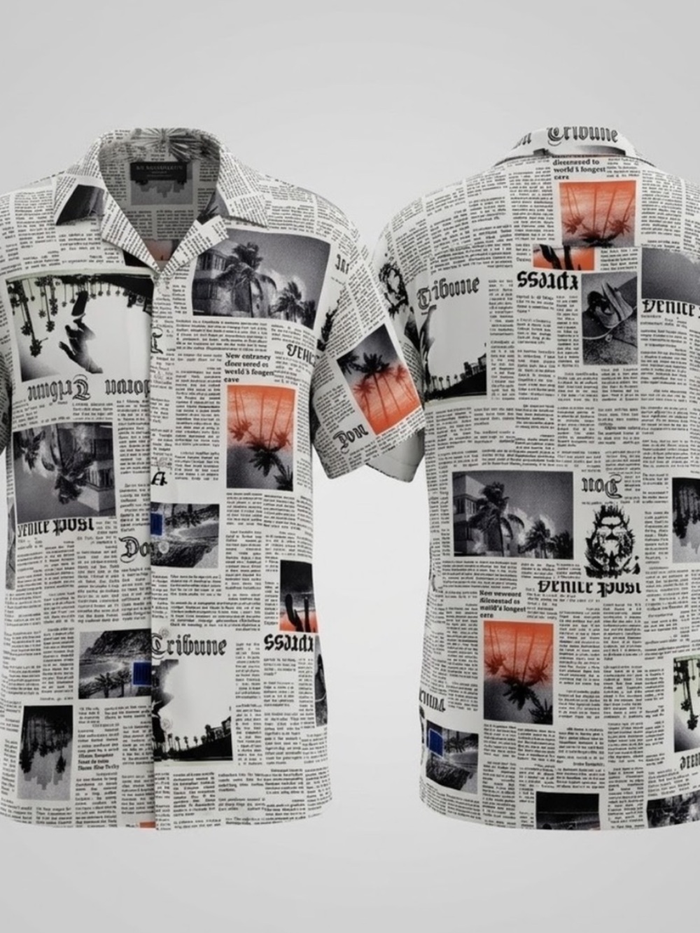 NWOT Newspaper Print Short Sleeve Shirt in White with Blue & Pink Accents